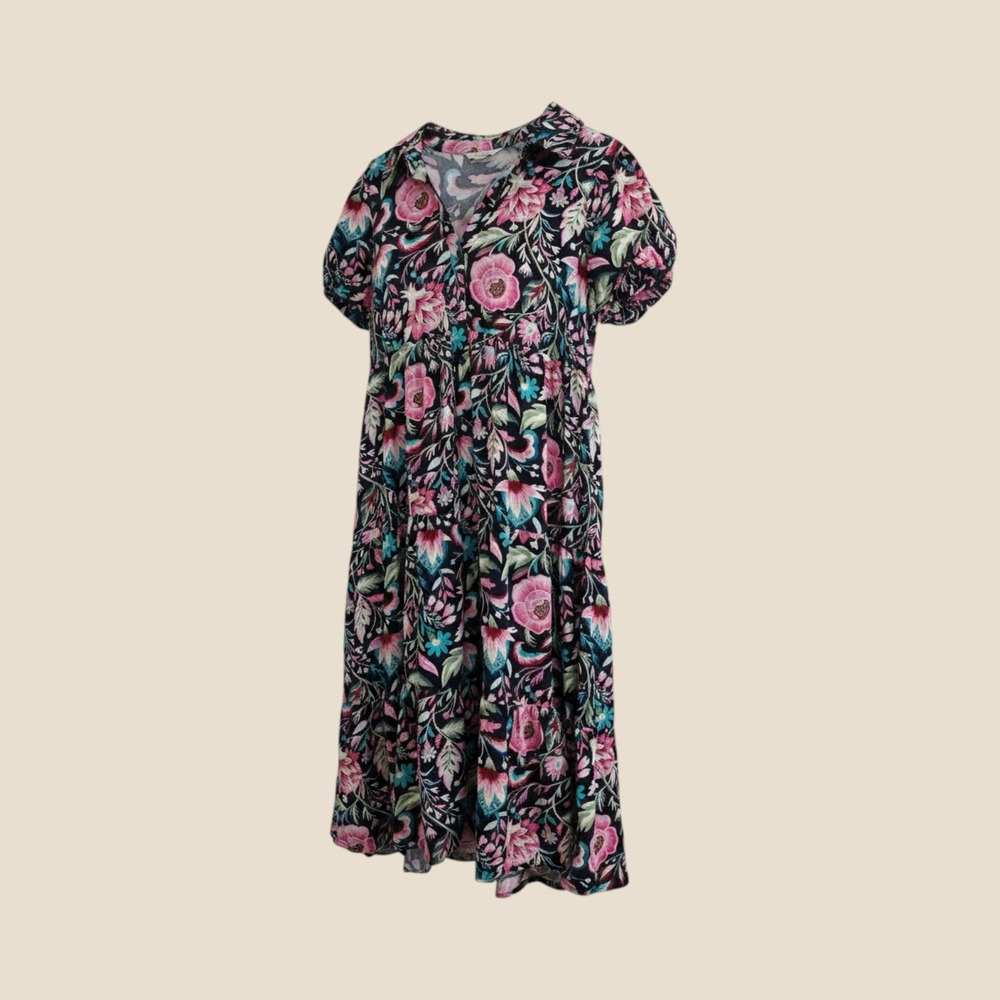 Crown & Ivy Petite M Floral Tiered Midi Dress Puff Sleeve Pockets Pink Cottage